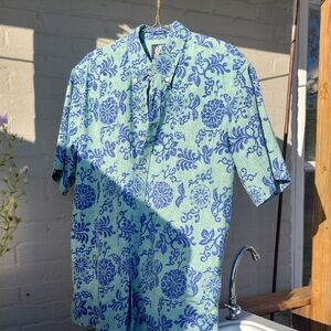 Reyn Spooner Teal and Navy Tropical Patterned Classic Fit XL Short Sleeve Shirt